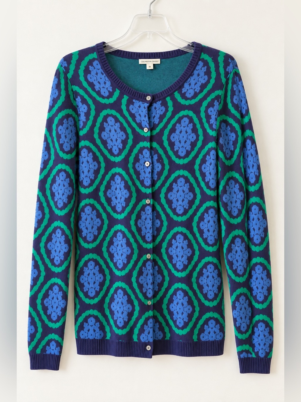 Blue Green Medallion Cardigan - Casual Work to Dinner Sweater EUC L #1428
